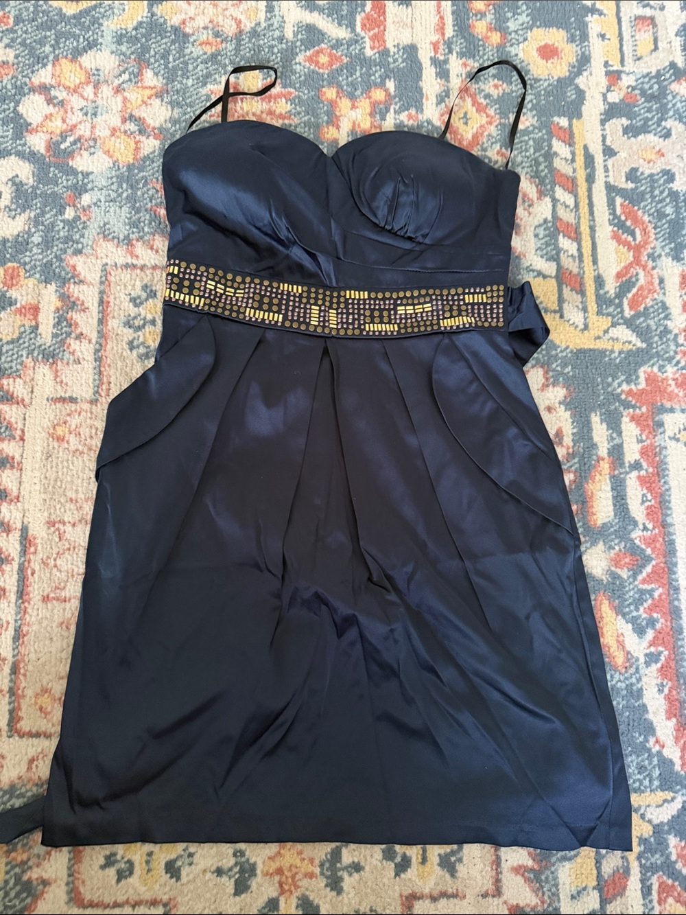 City Triangles Navy Strapless Satin Dress with Gold-Beaded Waist